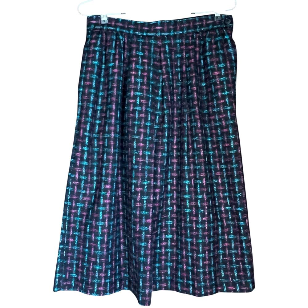 Vintage 80s Wool Blend Tweed Skirt Fuchsia Blue Woven PatternSize Medium
